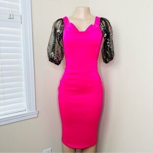 BARBIE CORE PINK Midi Dress with Sheer Floral Sleeves